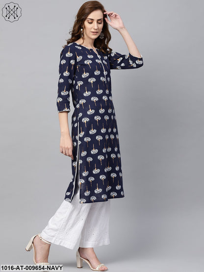 Navy Blue 3/4Th Sleeve Cotton Straight Kurta