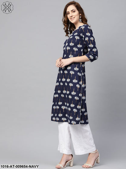 Navy Blue 3/4Th Sleeve Cotton Straight Kurta