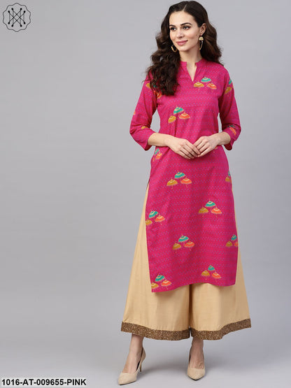 Pink 3/4Th Sleeve Umbrella Printed Cotton Kurta