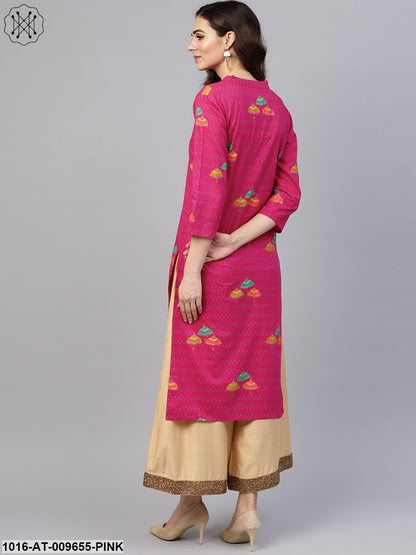 Pink 3/4Th Sleeve Umbrella Printed Cotton Kurta