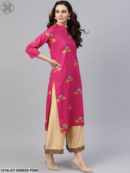 Pink 3/4Th Sleeve Umbrella Printed Cotton Kurta