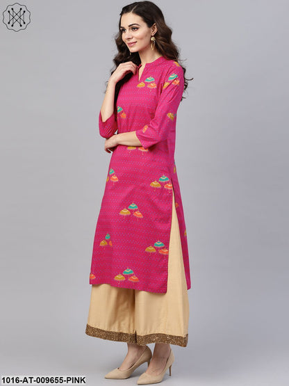 Pink 3/4Th Sleeve Umbrella Printed Cotton Kurta