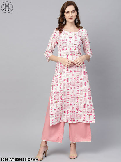 Off White Printed 3/4Th Sleeve Cotton Kurta