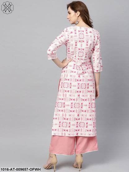 Off White Printed 3/4Th Sleeve Cotton Kurta