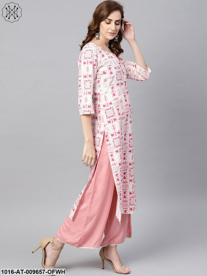 Off White Printed 3/4Th Sleeve Cotton Kurta