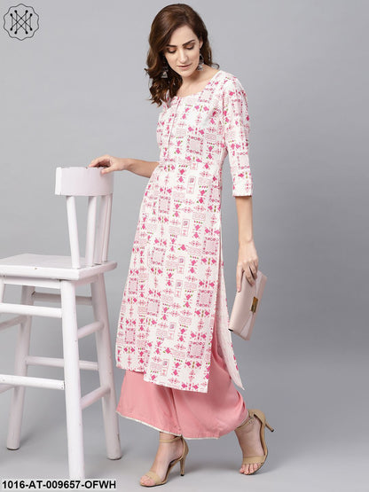 Off White Printed 3/4Th Sleeve Cotton Kurta