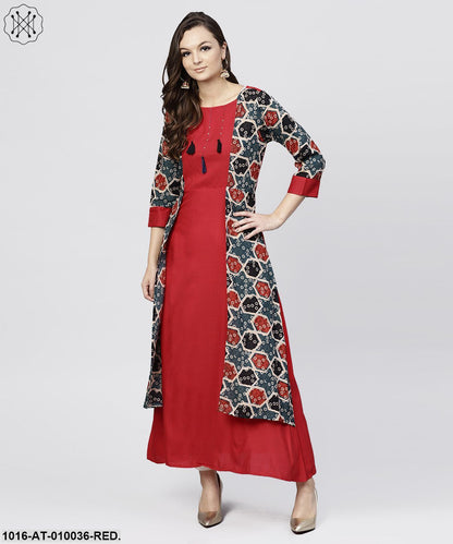 Red Cotton Full Sleeves Kurti With An Attached Jacket And Emblished With Thread Work And Tassel