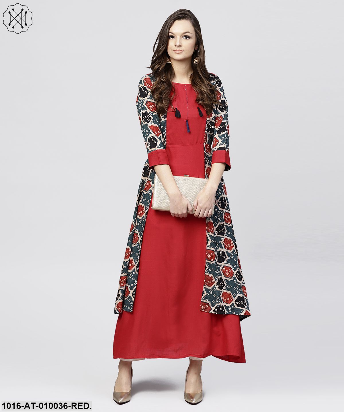 Red Cotton Full Sleeves Kurti With An Attached Jacket And Emblished With Thread Work And Tassel