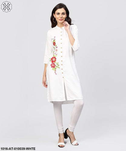 Embroidered Off White Rayon Kurta With Madarin Collar