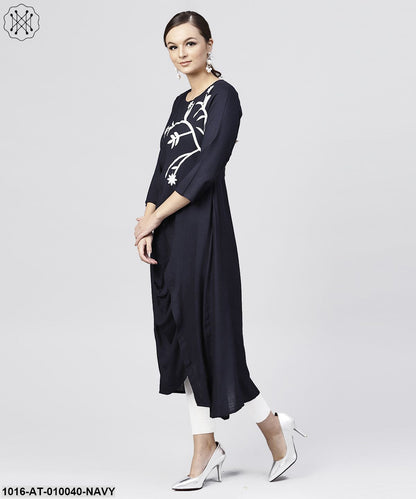 Rayon Navy Blue Cowl Draped Kurta With 3/4 Sleeves
