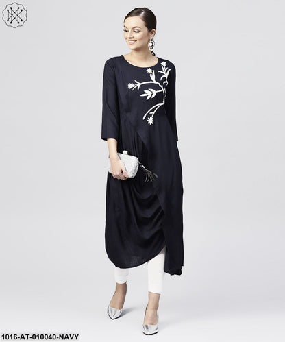 Rayon Navy Blue Cowl Draped Kurta With 3/4 Sleeves