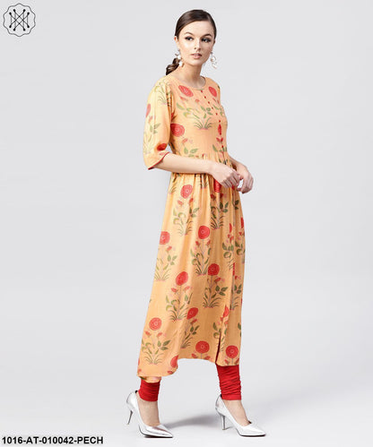 Peach Rayon Calf Length Kurta With Round Neck Front Placket