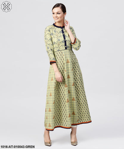 Pastel Green Printed Panelled Khari Kurta With Madarin Collar And Front Placket