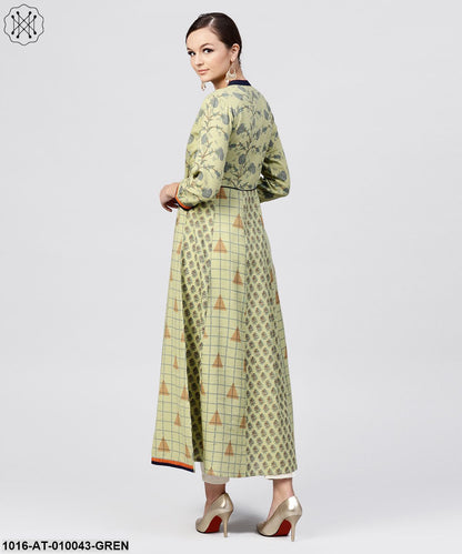 Pastel Green Printed Panelled Khari Kurta With Madarin Collar And Front Placket