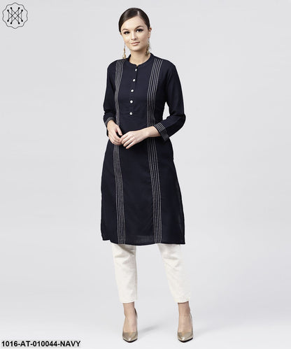 Navy Blue Round Neck Kurta With 3/4 Sleeves And Front Placket