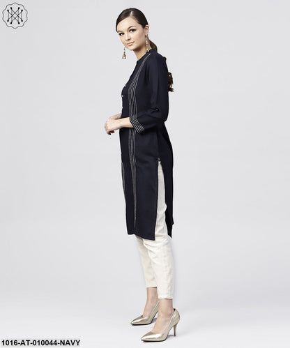 Navy Blue Round Neck Kurta With 3/4 Sleeves And Front Placket