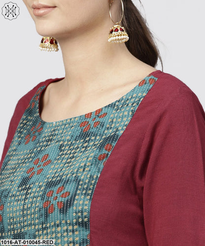 Red Kurta With Half Sleeves And Front Yoke