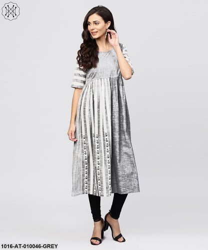 Grey And White Stripes Handloom Calf Length Kurta With Round Neck And Half Sleeves