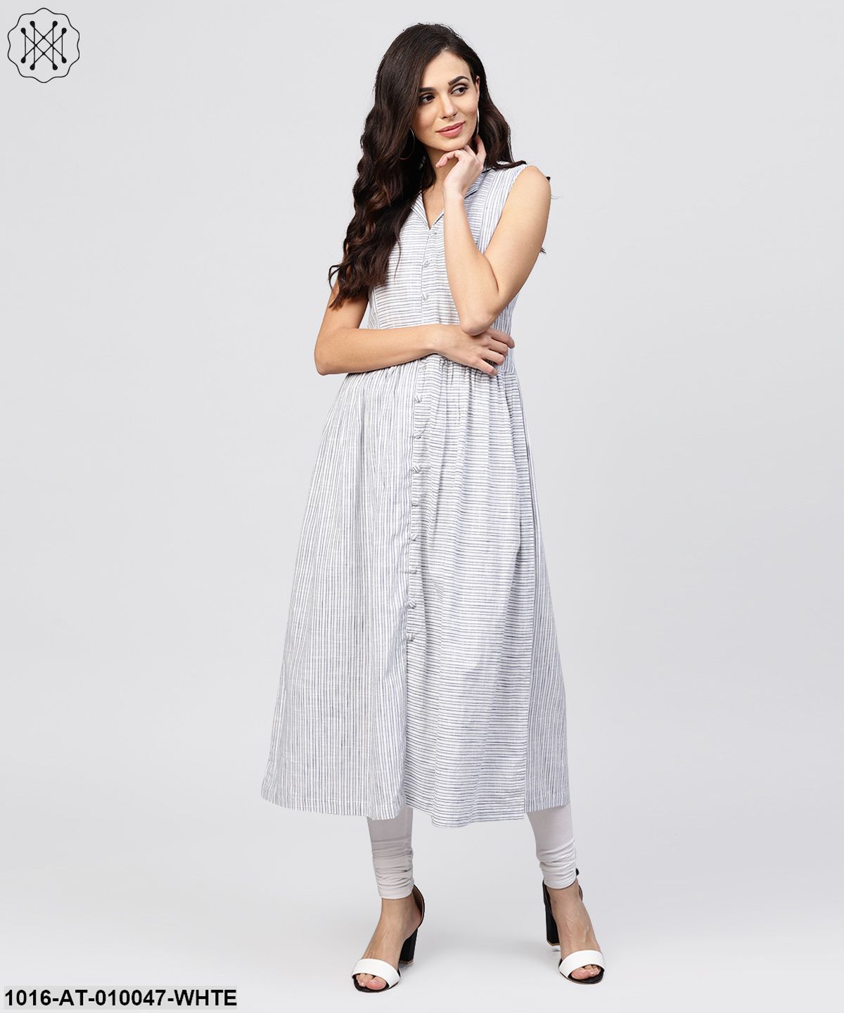 White Striped Kurta With Yoke And Notched Neck Line