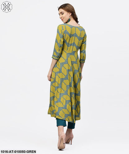 Green Printed 3/4 Sleeves Kurta With Front Yoke And Round Neck