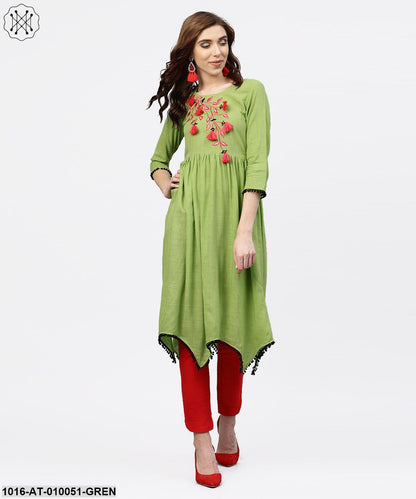 Parrot Green Embroidered A-Line Kurta WithRound Neck And 3/4 Sleeves