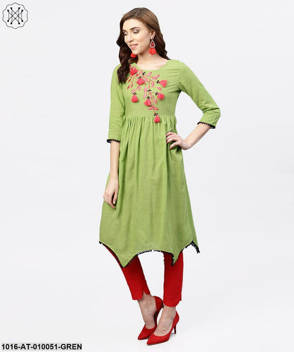 Parrot Green Embroidered A-Line Kurta WithRound Neck And 3/4 Sleeves