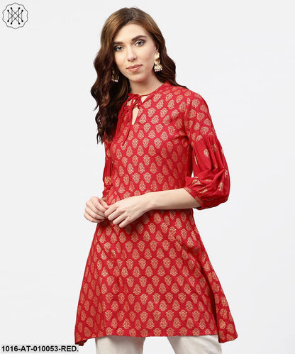 Red Printed Short Kurta With Key Hole Neck And 3/4 Sleeves