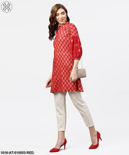 Red Printed Short Kurta With Key Hole Neck And 3/4 Sleeves