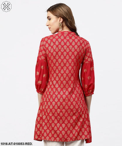 Red Printed Short Kurta With Key Hole Neck And 3/4 Sleeves