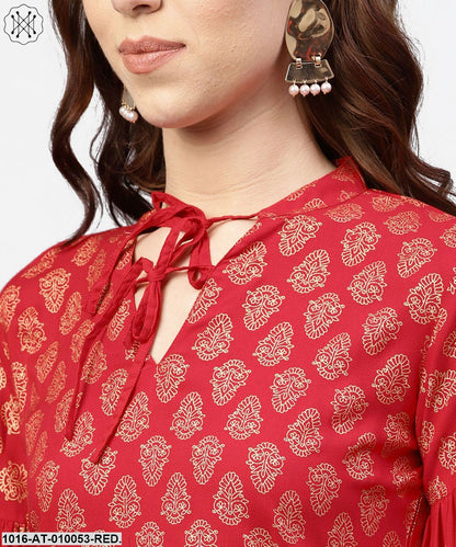 Red Printed Short Kurta With Key Hole Neck And 3/4 Sleeves