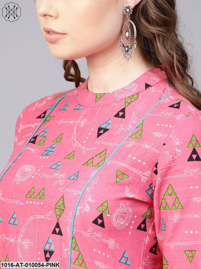 Pink Tribal Printed Kurta With Roll Collar & 3/4 Sleeves