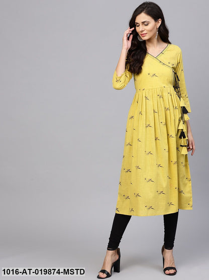 Mustard Yellow Printed A-Line Kurta