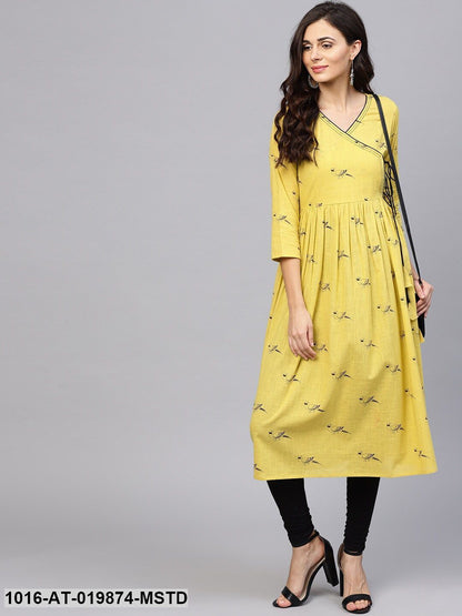 Mustard Yellow Printed A-Line Kurta