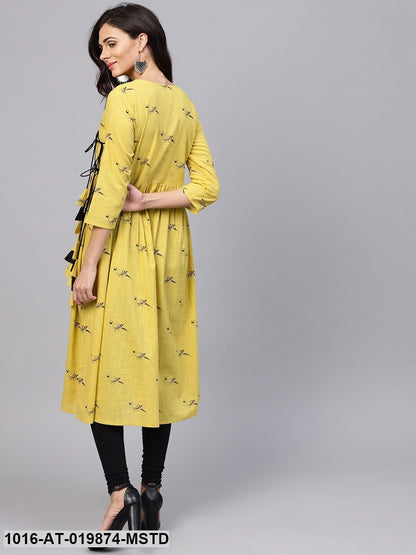 Mustard Yellow Printed A-Line Kurta