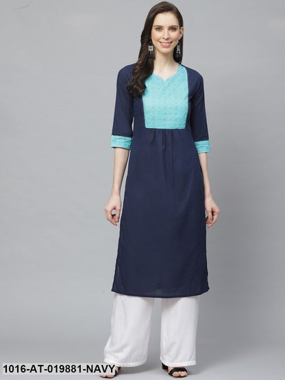 Navy Blue Yoke Design Straight Kurta