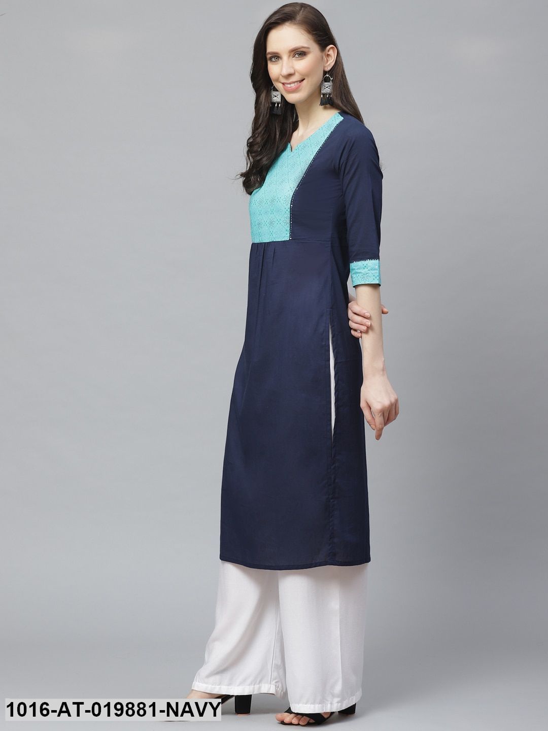 Navy Blue Yoke Design Straight Kurta