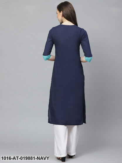 Navy Blue Yoke Design Straight Kurta