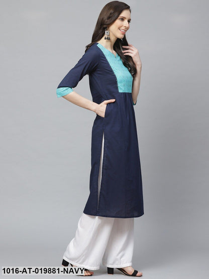 Navy Blue Yoke Design Straight Kurta