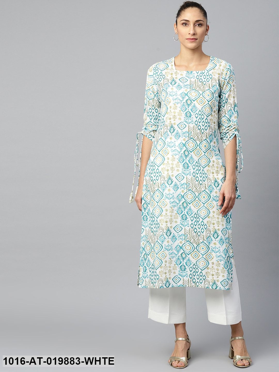 White & Blue Ethnic Motifs Print Straight Kurta with Tie-Ups