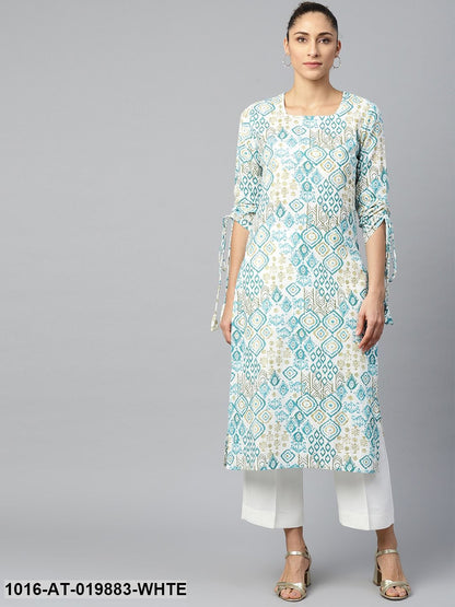 White & Blue Ethnic Motifs Print Straight Kurta with Tie-Ups