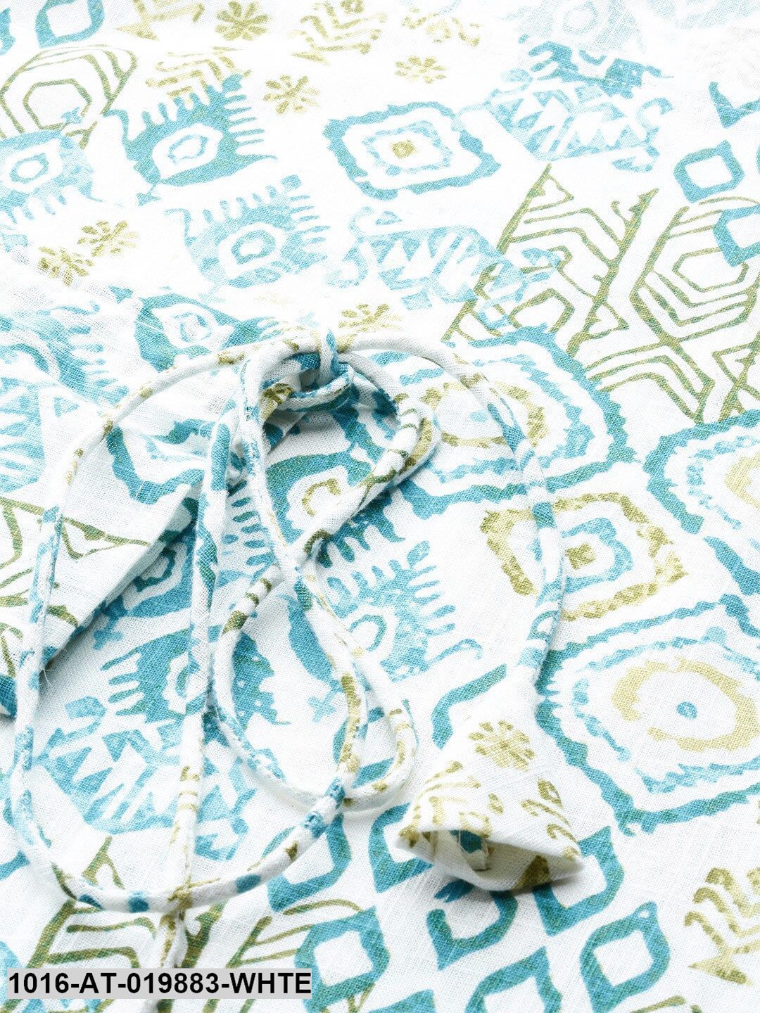 White & Blue Ethnic Motifs Print Straight Kurta with Tie-Ups