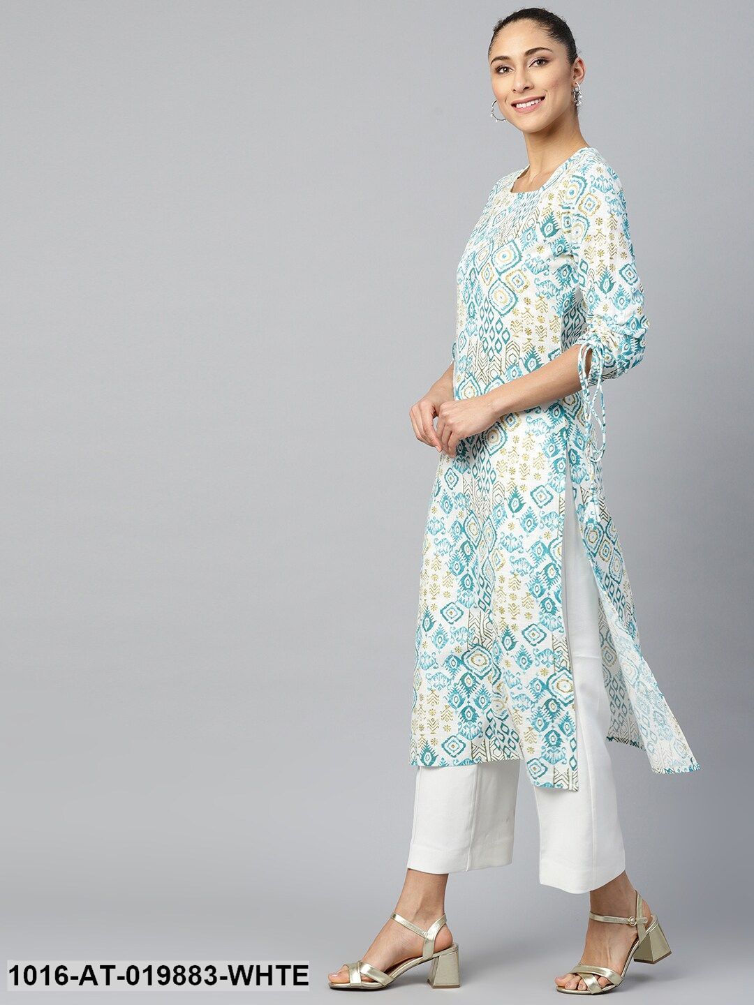White & Blue Ethnic Motifs Print Straight Kurta with Tie-Ups