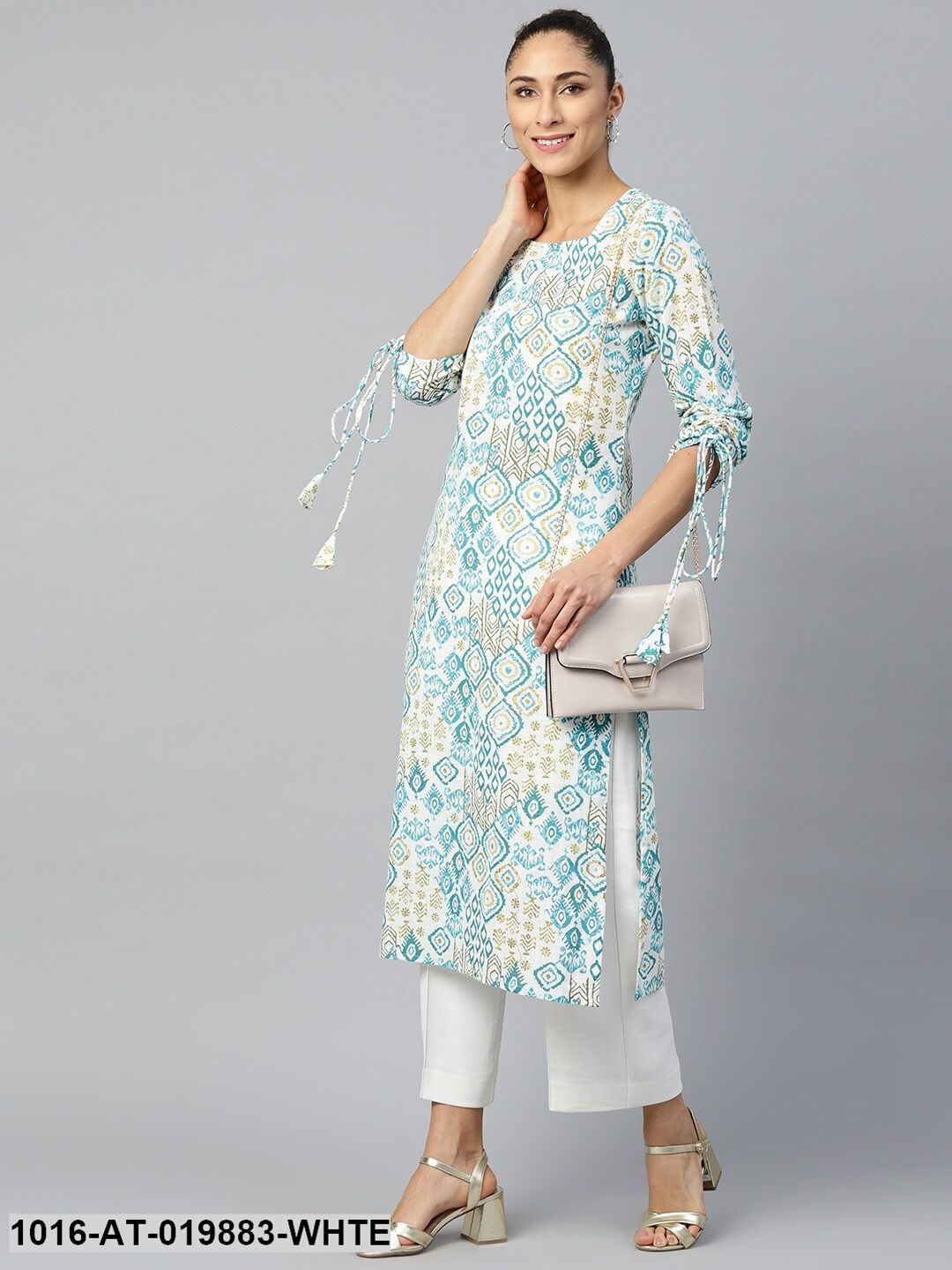 White & Blue Ethnic Motifs Print Straight Kurta with Tie-Ups