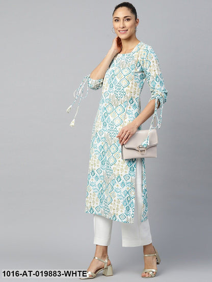 White & Blue Ethnic Motifs Print Straight Kurta with Tie-Ups