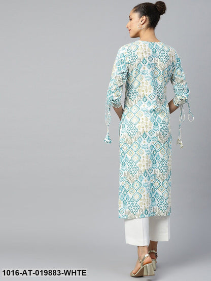 White & Blue Ethnic Motifs Print Straight Kurta with Tie-Ups
