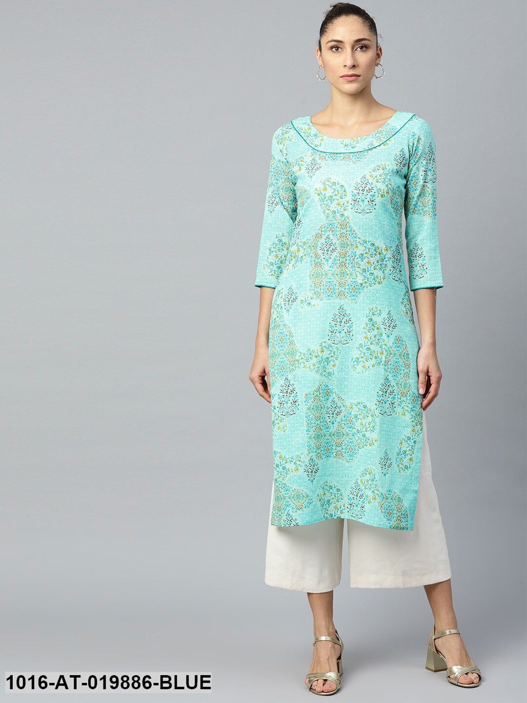 Blue & Mustard Yellow Floral Print Straight Kurta