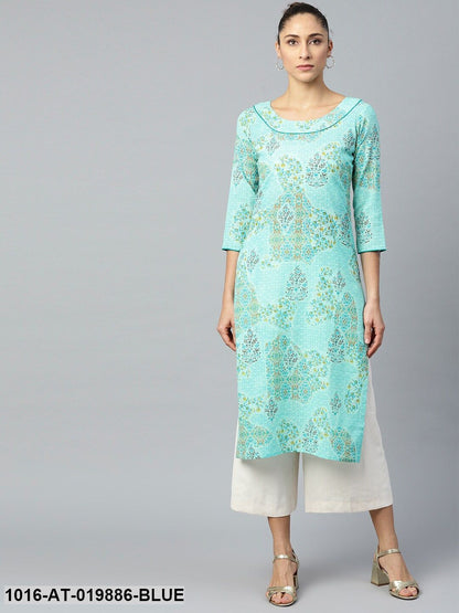 Blue & Mustard Yellow Floral Print Straight Kurta