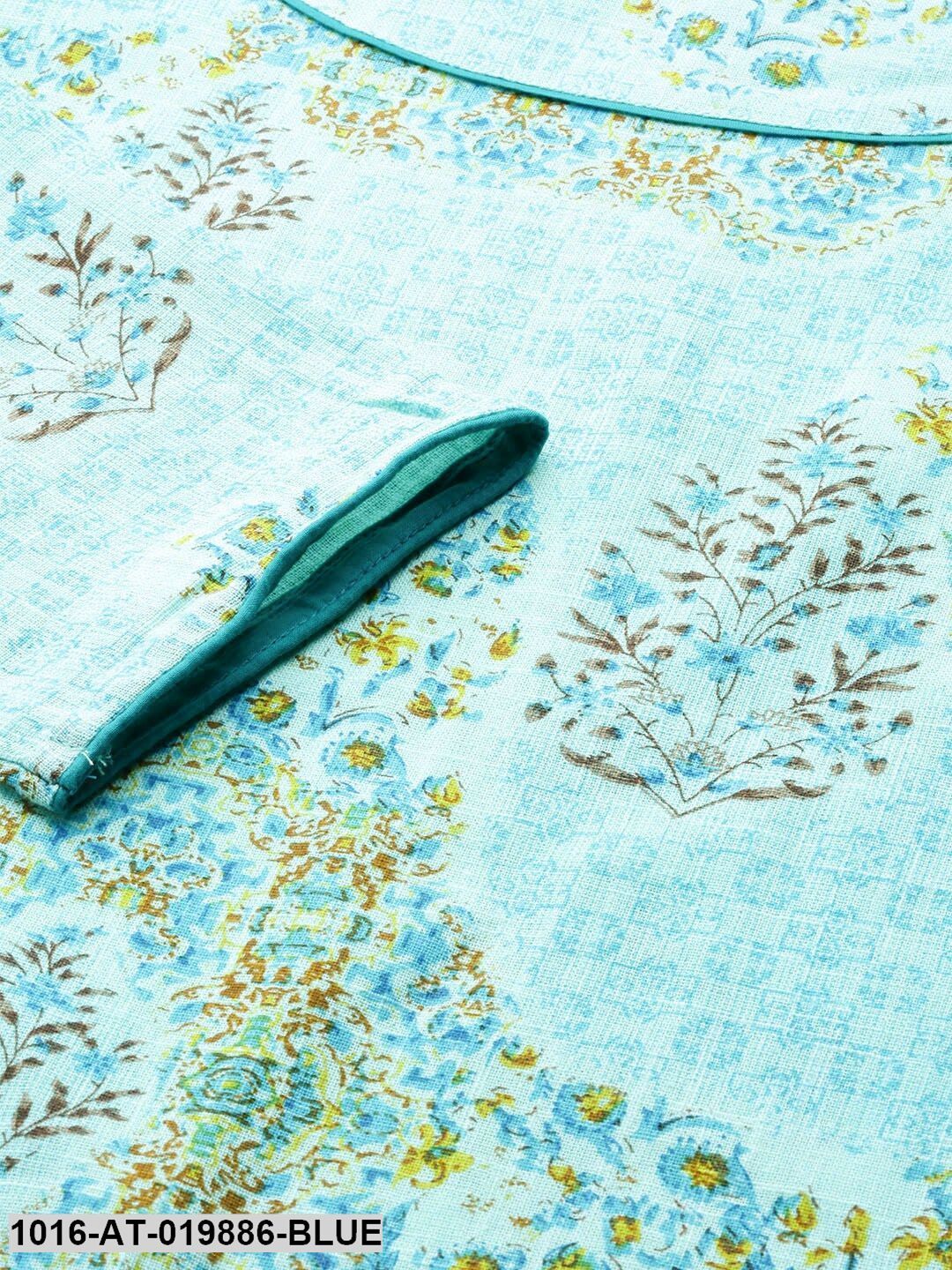 Blue & Mustard Yellow Floral Print Straight Kurta