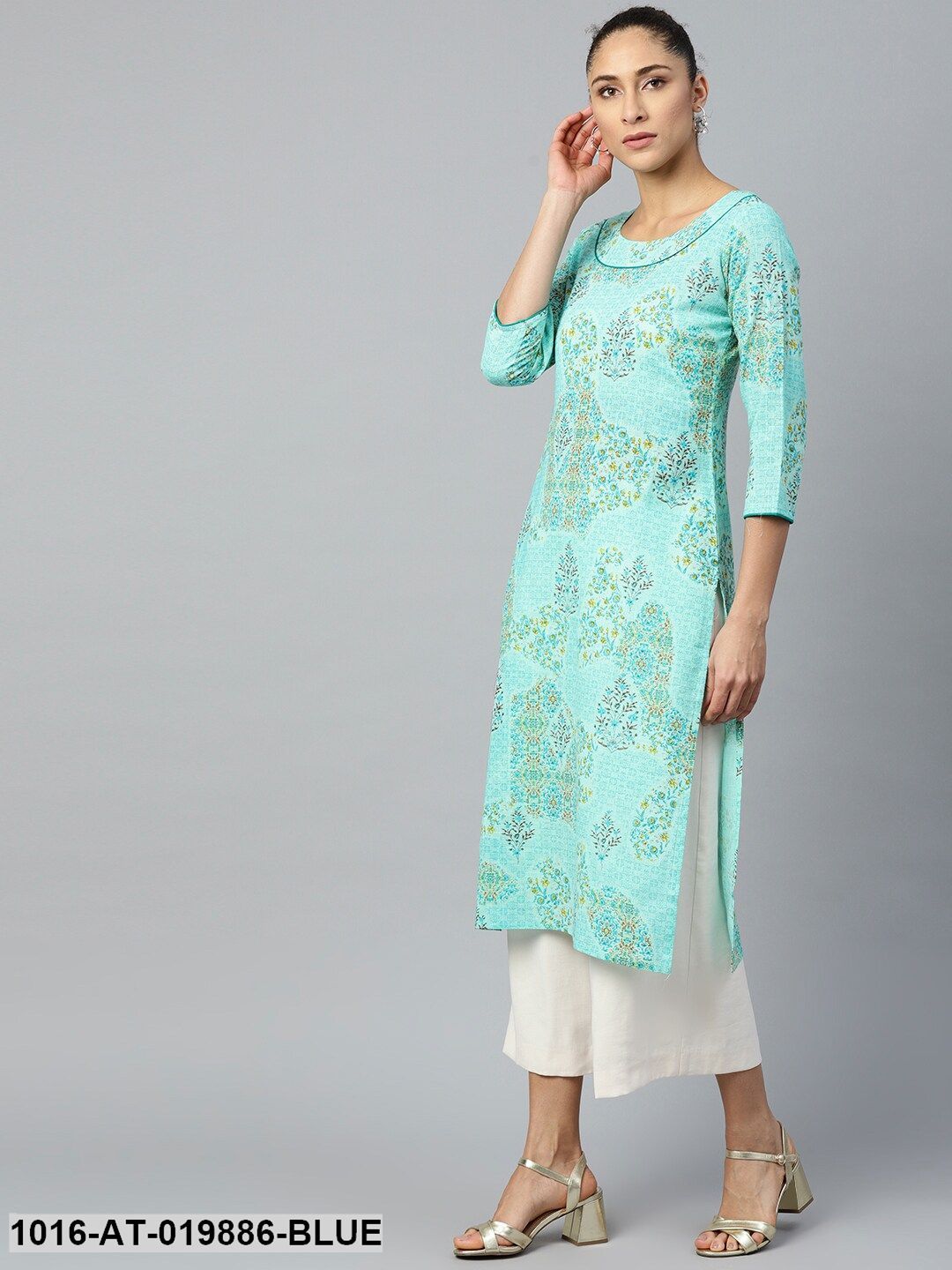 Blue & Mustard Yellow Floral Print Straight Kurta