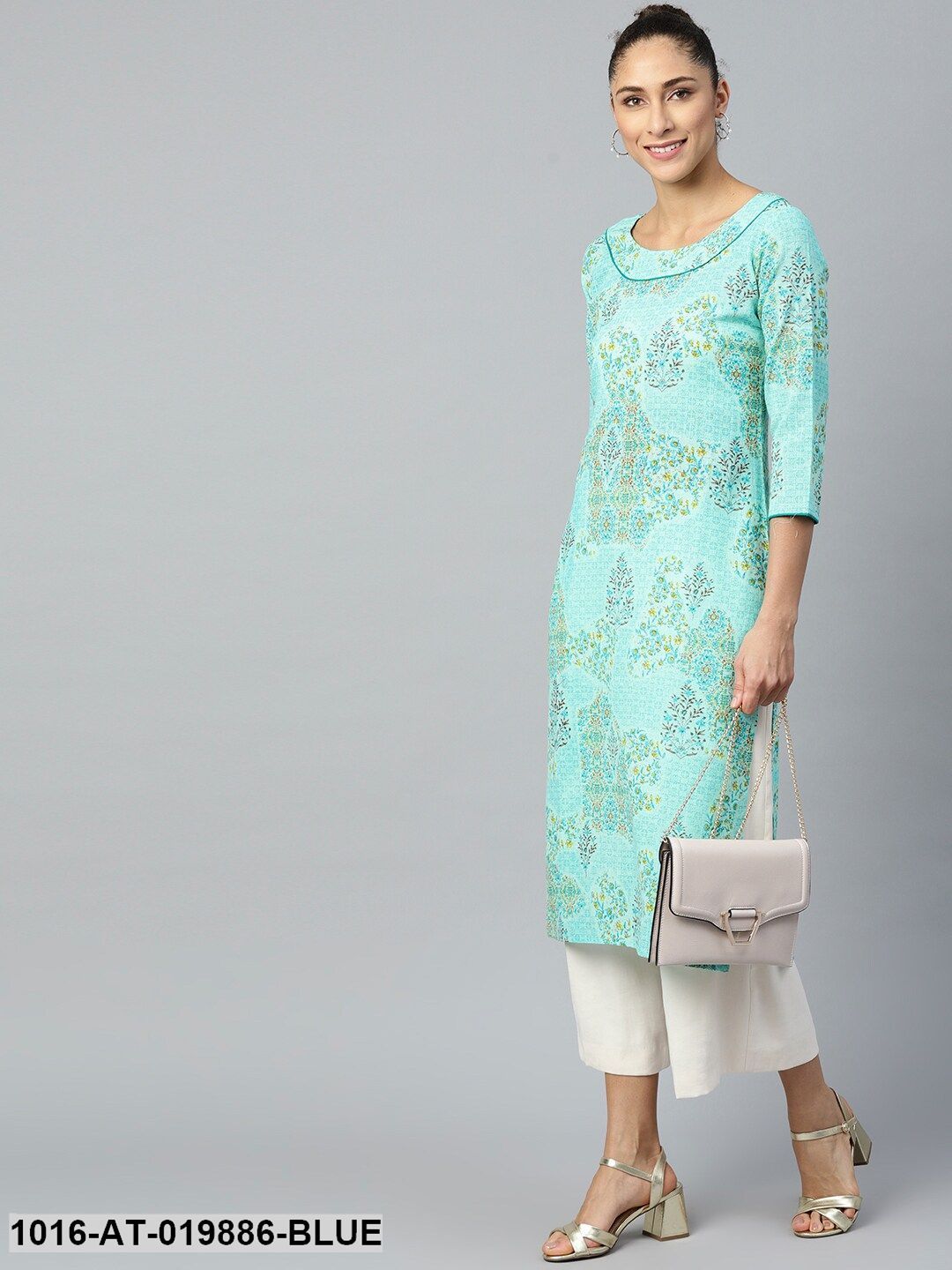 Blue & Mustard Yellow Floral Print Straight Kurta